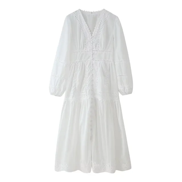 Casual V neck Hollow Lace Button Decoration Long Dress White - Shop at LoveMi