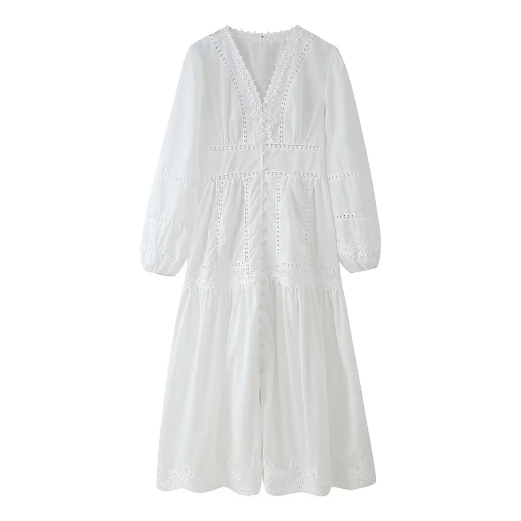 Casual V-neck Hollow Lace Button Decoration Long Dress - White