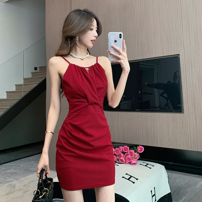 Sexy Temperament Halter Waist cinching Summer Dress Wine Red - Shop at LoveMi