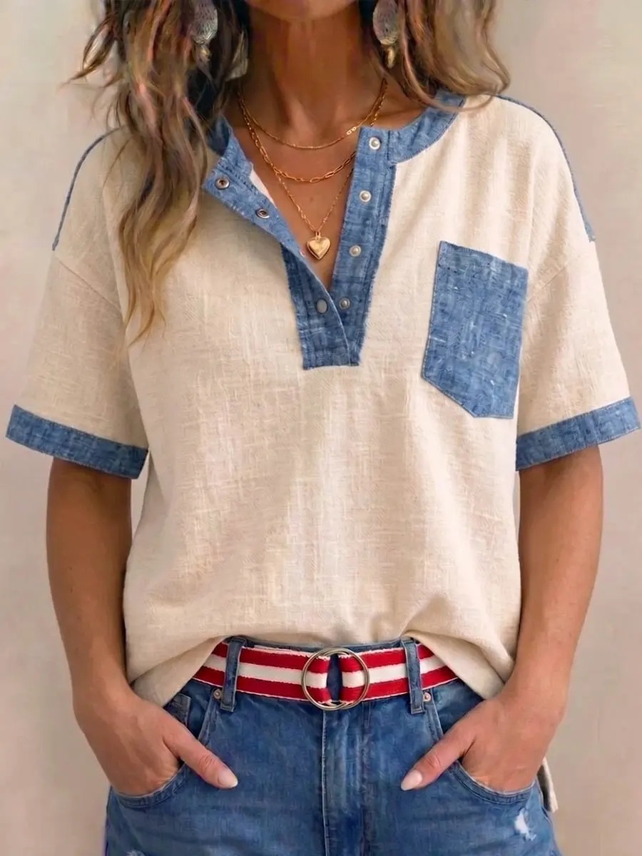 Women's Casual Color-Block Top – White colorway front view