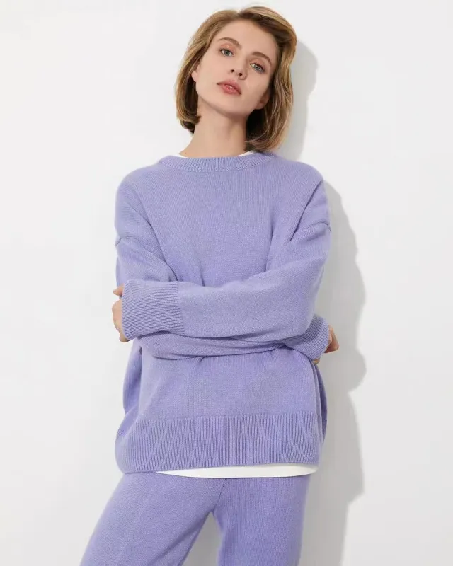 Women's Round Neck Solid Color Pullover Leisure Sweater Purple - Shop at LoveMi