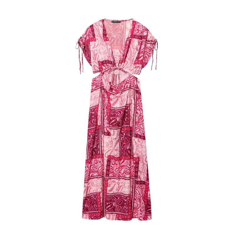 V neck Hollow Midriff Outfit Patchwork Printed Short Sleeve Dress - Shop at LoveMi