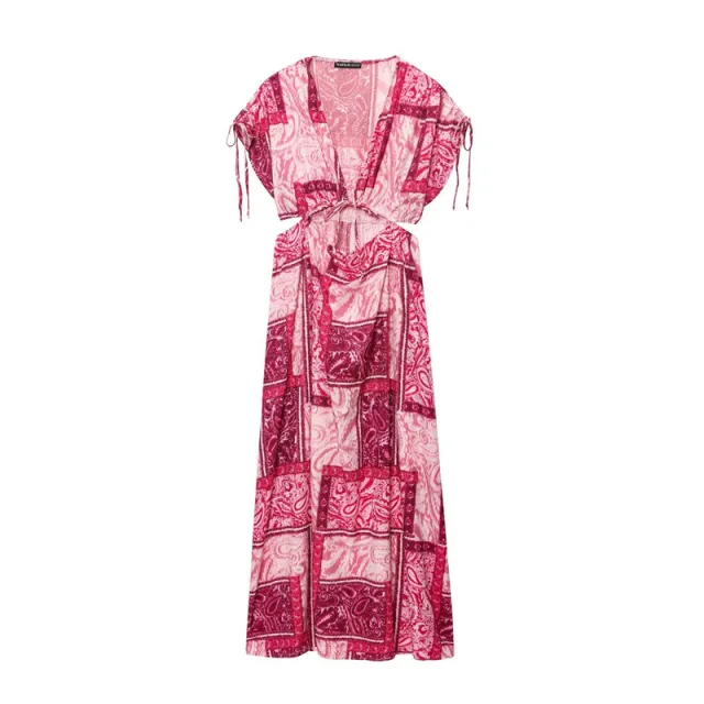 V neck Hollow Midriff Outfit Patchwork Printed Short Sleeve Dress - Shop at LoveMi