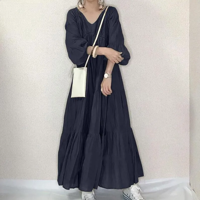 Stand Collar V-neck 34 Sleeve Dress - Blue