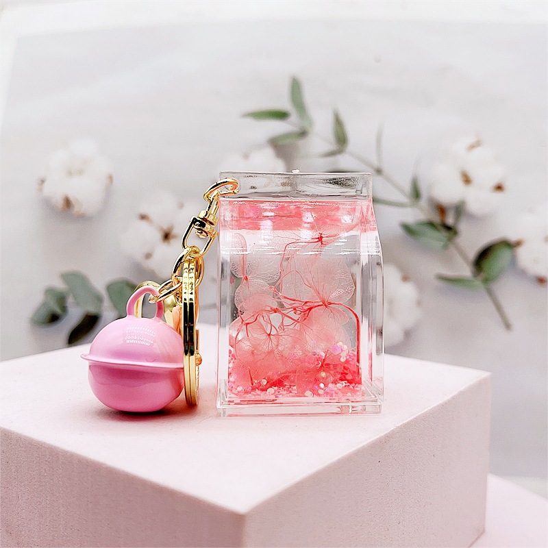 Creative Acrylic Dried Flower Oil Keychain Preserved Liquid Oil Quicksand Handbag Milk Carton - Shop at LoveMi