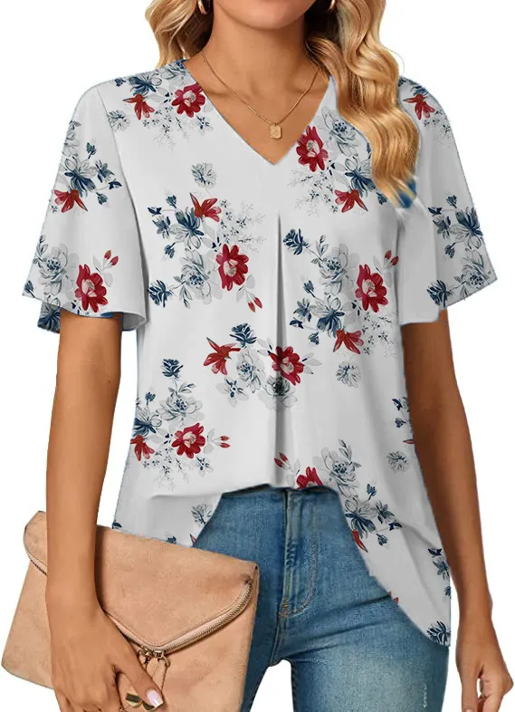 Women's V neck Flower Print Short Sleeve White - Shop at LoveMi