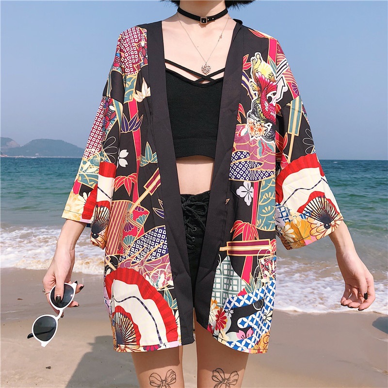 Loose Street Sun Protection Clothing Middle Sleeve Graffiti Kimono Travel Thin Coat