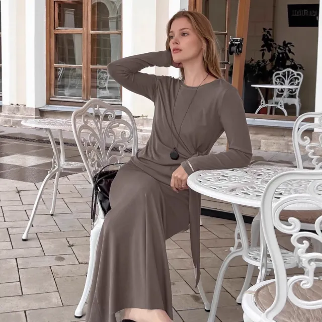 Women's Elegant Retro Crew Neck Dress Two piece Set Khaki - Shop at LoveMi