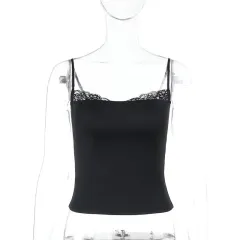 Summer Slim Fit Solid-colour Lace-spliced Camisole - Black - View 1