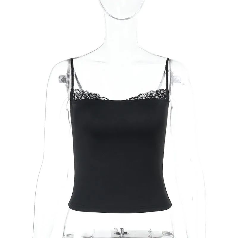 Summer Slim Fit Solid-color Lace-spliced Camisole - Black