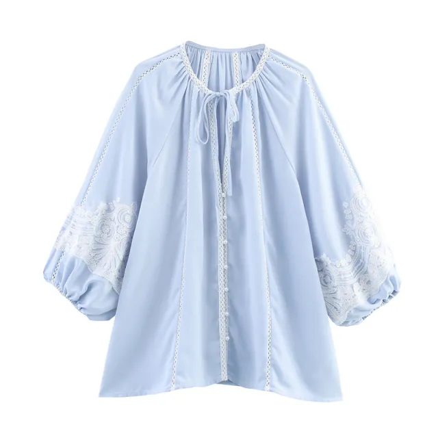 Stitching Lace Lantern Sleeve Round Neck Shirt Blue - Shop at LoveMi