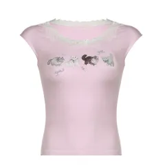 Lace Stitching Cute Cat Printed Sweet Girl Tank-top - Pink - View 1