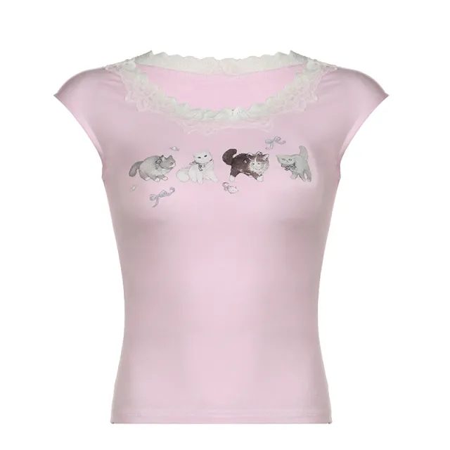 Lace Stitching Cute Cat Printed Sweet Girl Tank top Pink - Shop at LoveMi