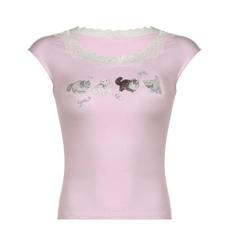 Lace Stitching Cute Cat Printed Sweet Girl Tank-top - Pink