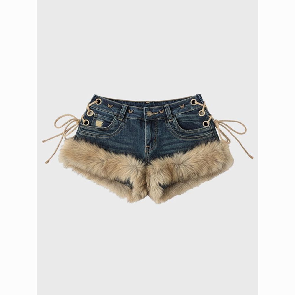 Womens Stylish Furry Patchwork Micro Shorts