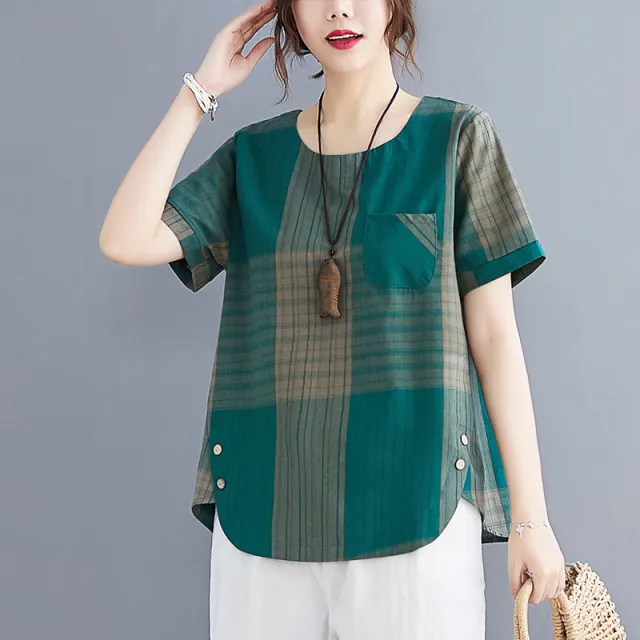 Artistic Plaid Cotton And Linen T shirt Wear Pullover Round Neck Short Sleeve Top Green - Shop at LoveMi