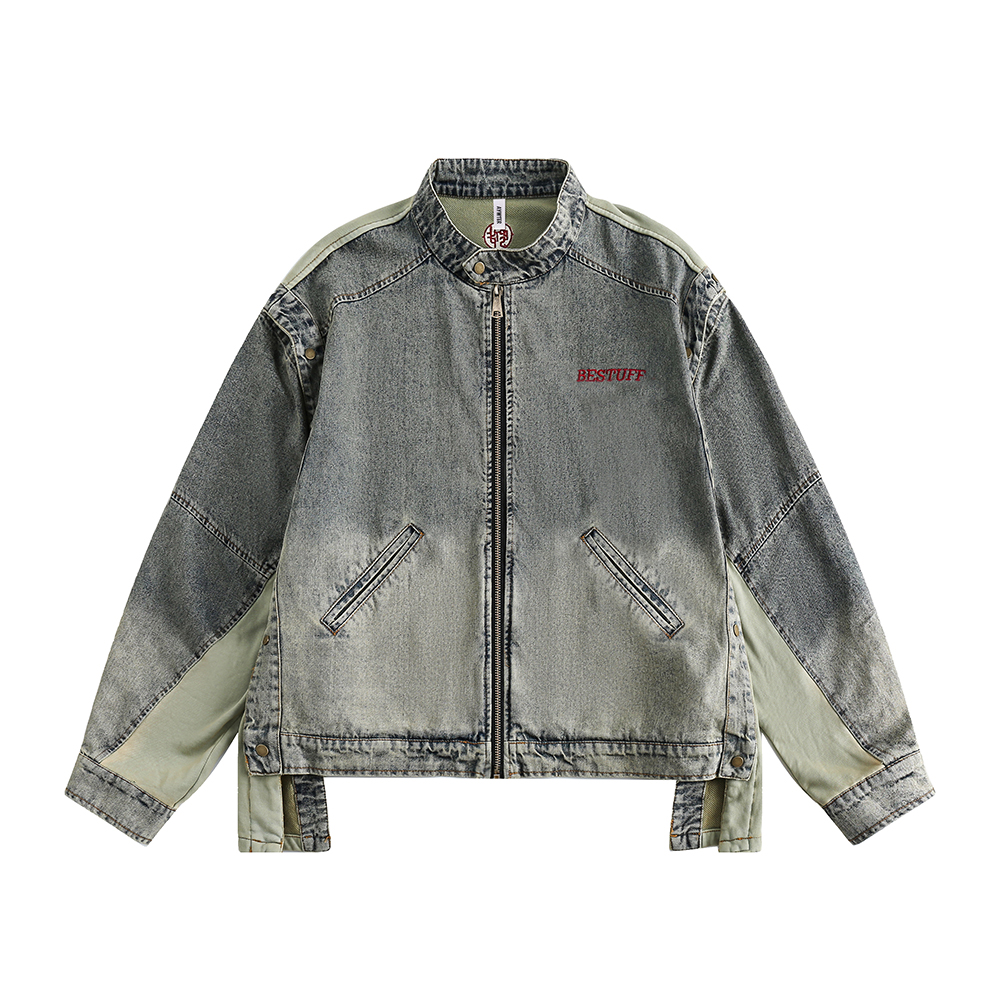 Punk Detachable Long Sleeve Stitching Washed And Worn Stand Collar Jacket
