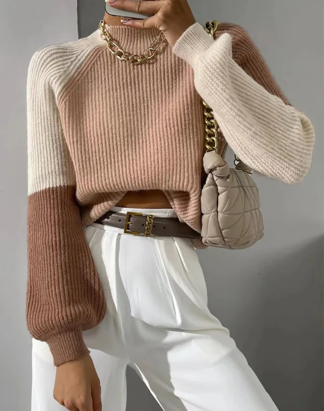Autumn And Winter New Women's Clothing Versatile Contrast Color Loose Sweater Camel - Shop at LoveMi