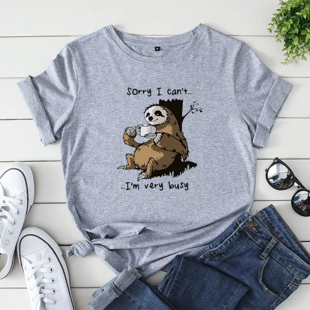 Women's Loose Crew Neck Printed Short Sleeve T Shirt Gray - Shop at LoveMi