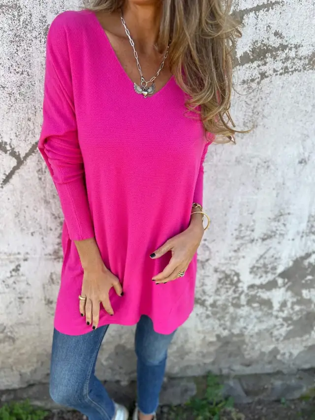 Solid Color V neck Knitted Sweater Loose Top Women's Clothing Rose - Shop at LoveMi