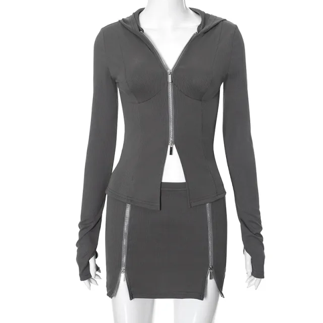 Long Sleeve Zipper Waist controlled Top Short Skirt Two piece Set Gray - Shop at LoveMi