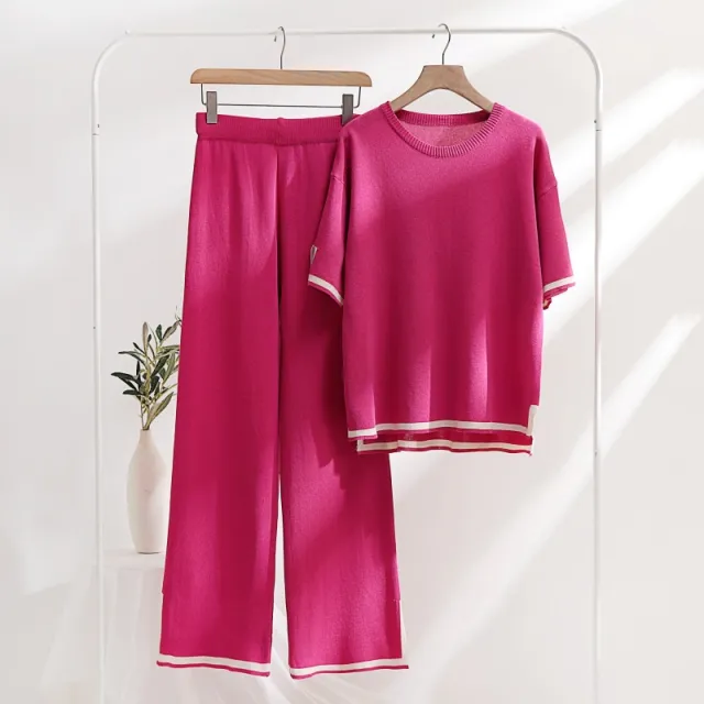 Patchwork Loose Sweater With Short Sleeves Top Split Trousers Knitting Suit Rose Red - Shop at LoveMi