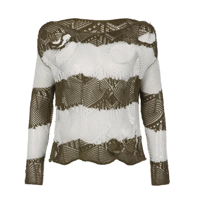 Broken Hole Design Loose Woolen Blouse Mixed Color Stripe T shirt Green - Shop at LoveMi