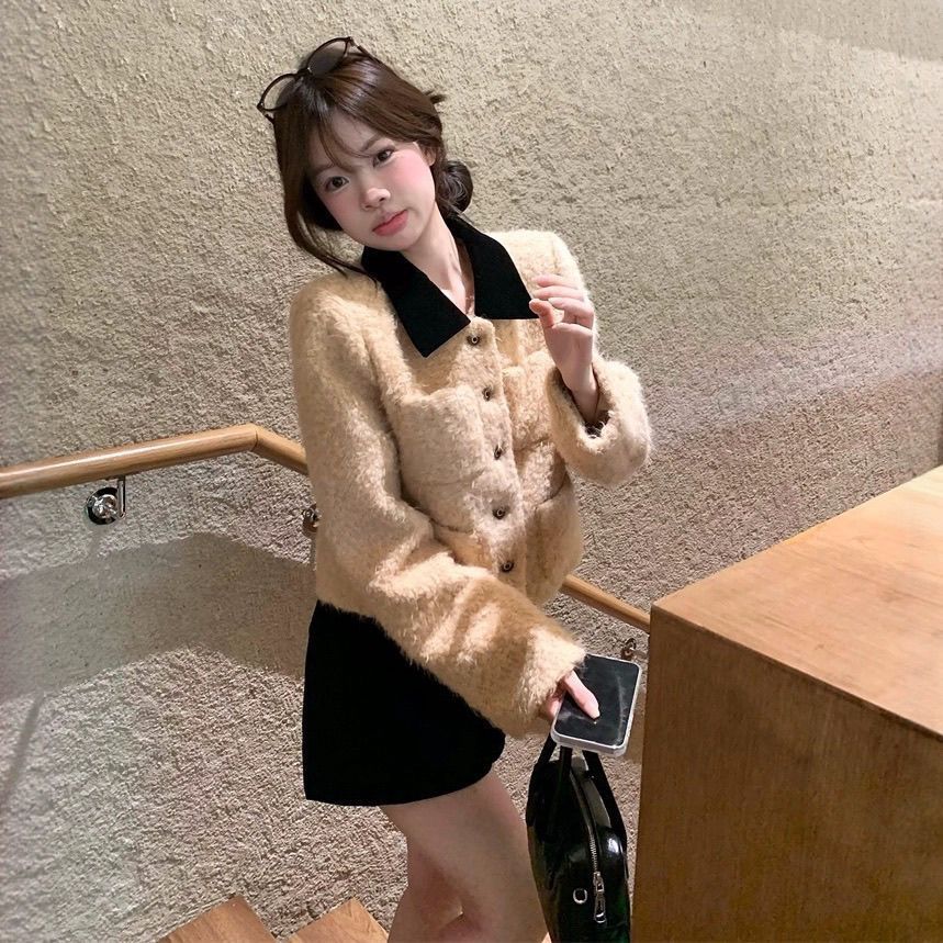 New French-style Thickened Color-block Lapel Coat