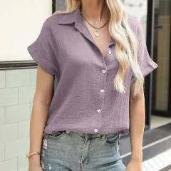 Women's Solid Colour Short-sleeve Casual Loose Shirt T-shirt - Taro Colour-Xl - View 1