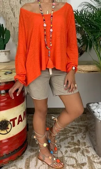 European And American Women's Clothing Solid Color Plus Size Versatile Loose Long Sleeves T shirt Orange - Shop at LoveMi