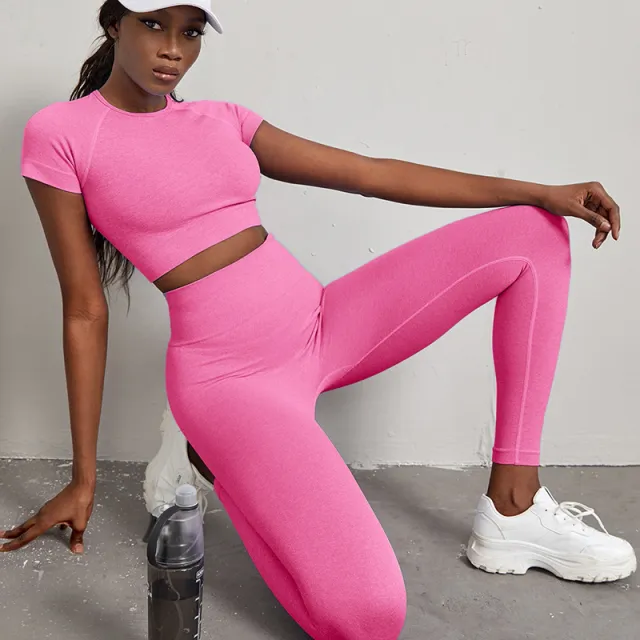 Quick drying Workout Clothes High Waist Hip Lift Yoga Pants Suit Fluorescent Powder L - Shop at LoveMi