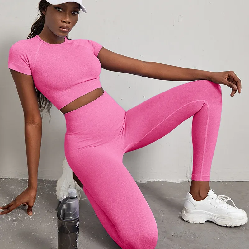 Quick-drying Workout Clothes High Waist Hip Lift Yoga Pants Suit - Fluorescent Powder-L