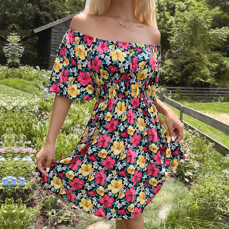 Womens Off-shoulder Flounce-trimmed Printed Dress