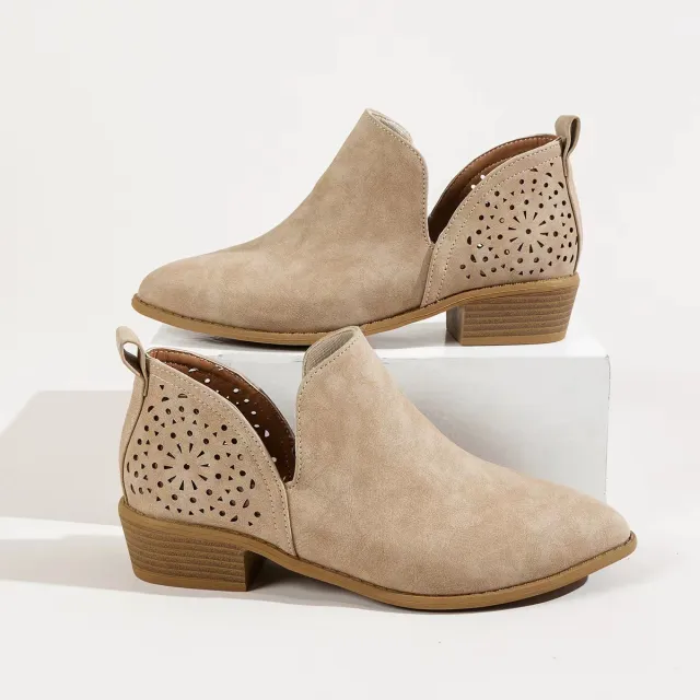 Plus Size Solid Color Hollow out Pointed Chunky Heel Fashion Boots Khaki - Shop at LoveMi