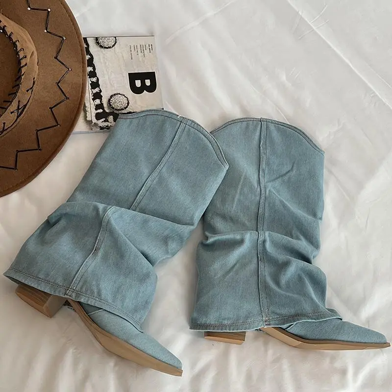 Retro Thin High Cylinder Pointed Boots - Blue