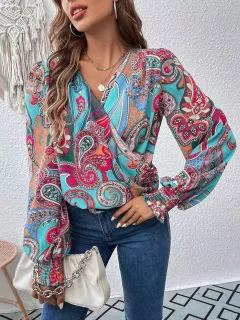 Women's Elegant Women's V-neck Lantern Sleeve Style Solid Colour Shirt - Colour-L - View 1