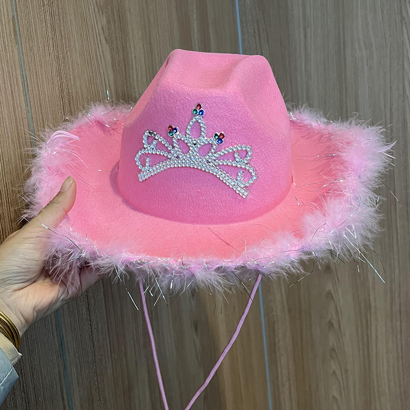 Western Denim Big Brim Sun proof Rhinestone Crown Fedora Hat Pink - Shop at LoveMi