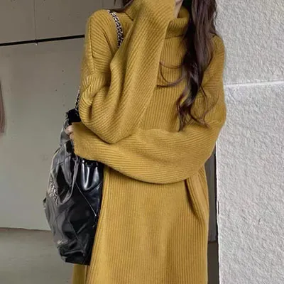Womens Relaxed style Turtleneck Sweater Winter Thickened Mid length Design Yellow - Shop at LoveMi