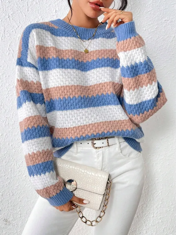 Autumn And Winter Round Neck Long Sleeve Striped Loose Casual Sweater Blue - Shop at LoveMi