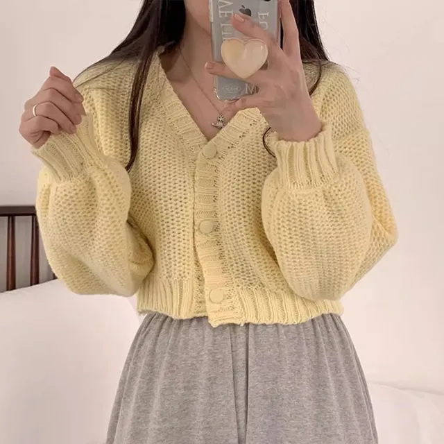 Loose Slimming Single breasted Cardigan Top Fashion Long Sleeve Yellow - Shop at LoveMi