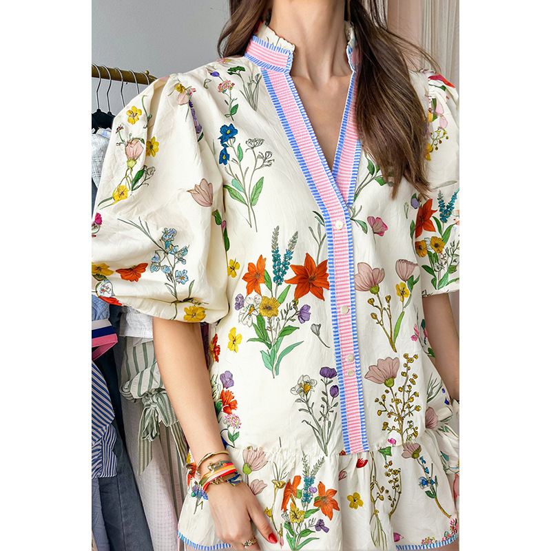 Fashionable All-match Floral Print Puff Sleeve Dress