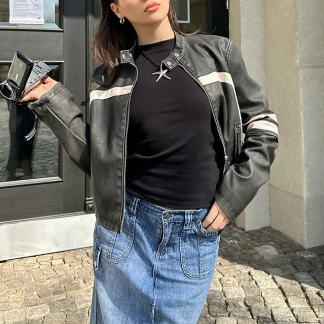 Women's Locomotive Style Stitching Loose Zip Leather Coat Black And White - Shop at LoveMi