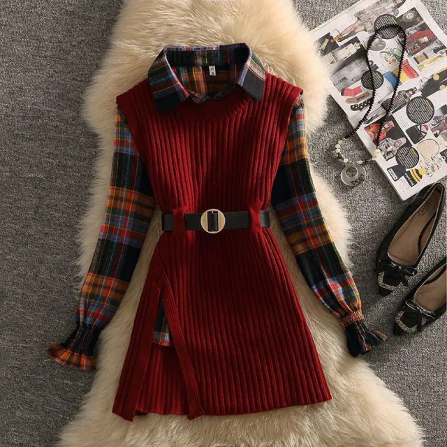 Women's Polo Collar Shirt Sweater Two piece Set Red Suit - Shop at LoveMi