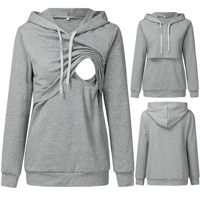 Solid Color Multifunctional Mom Nursing Wear Hooded Sweater Gray - Shop at LoveMi