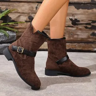 Casual Metal Buckle Slip on Women's Martin Boots Brown - Shop at LoveMi