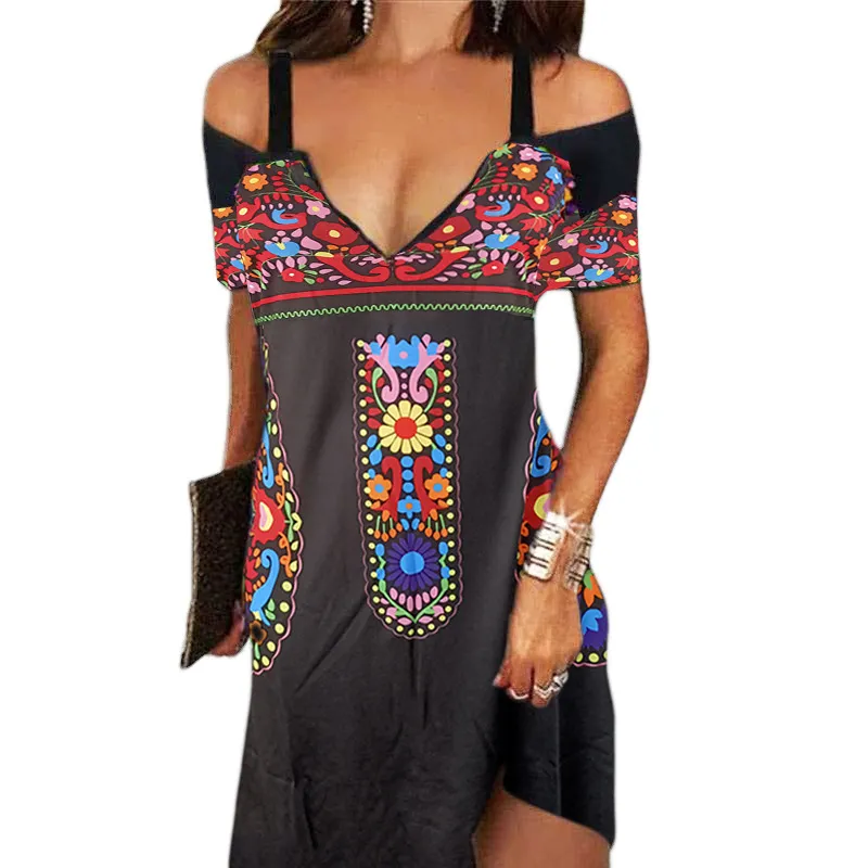 Women's Black Short-sleeve Strappy Floral Dress - Black