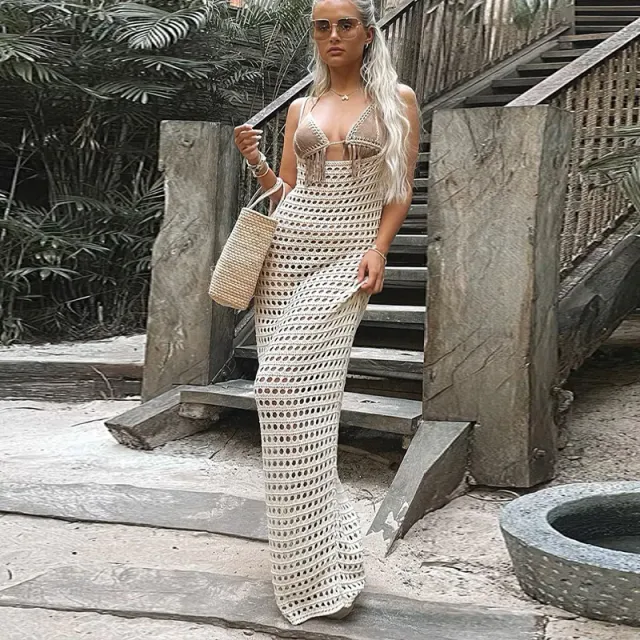 Women's Solid Color Casual Backless Beach Knit Dress White - Shop at LoveMi