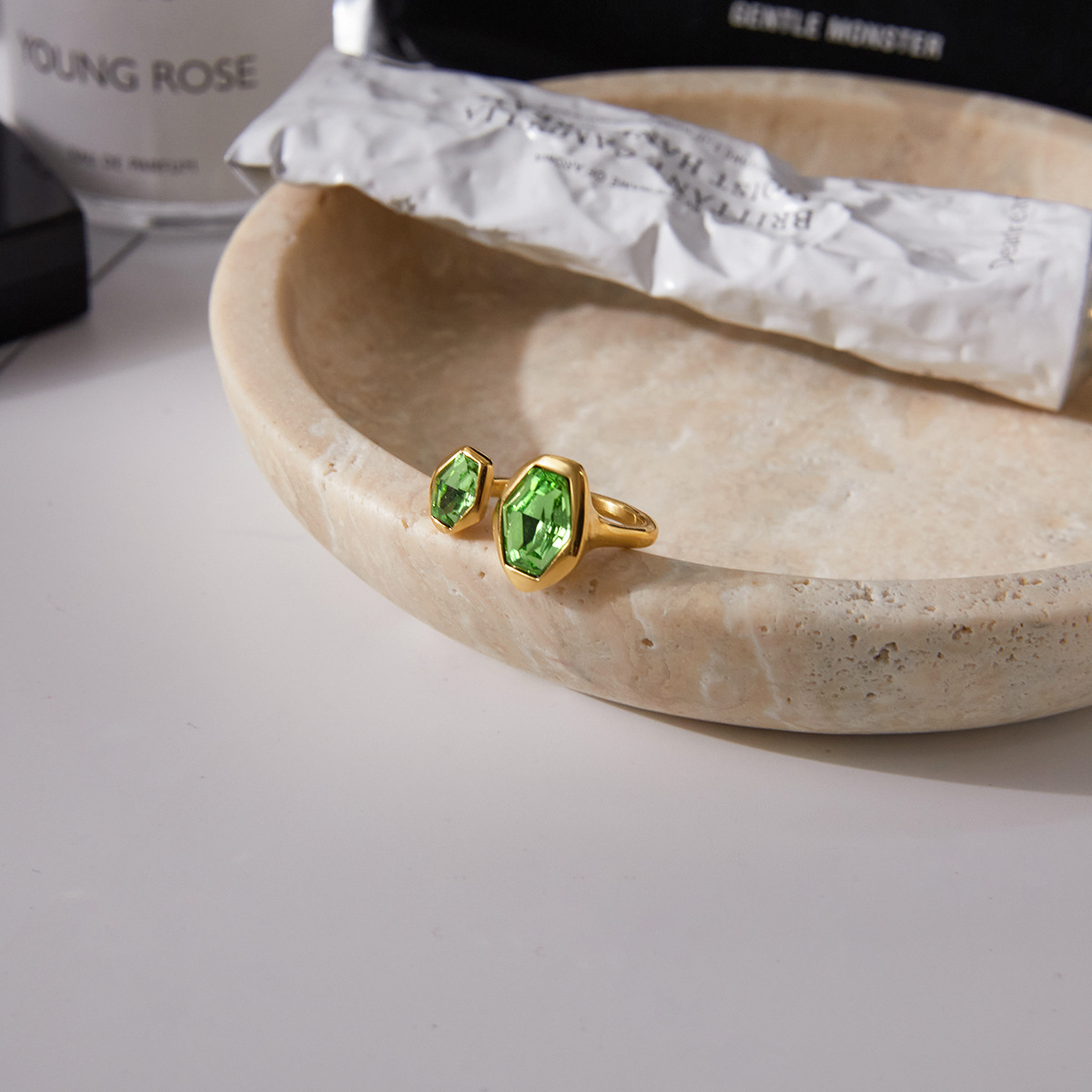 Green Zircon Ring In Titanium Steelnon-fading Jewelry