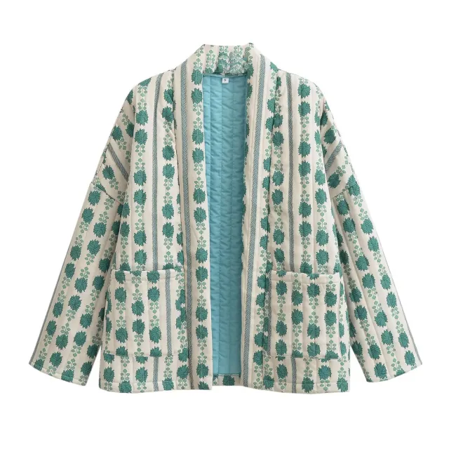 Women's Printed Loose Ethnic Style Cotton padded Coat Coat Cyan - Shop at LoveMi