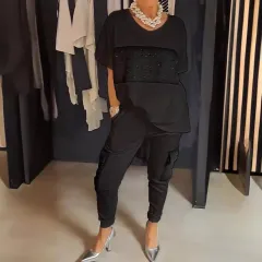 Plus Size Women's Casual Summer Temperament Leisure Short Sleeve Top And Trousers Suit - Black - View 1